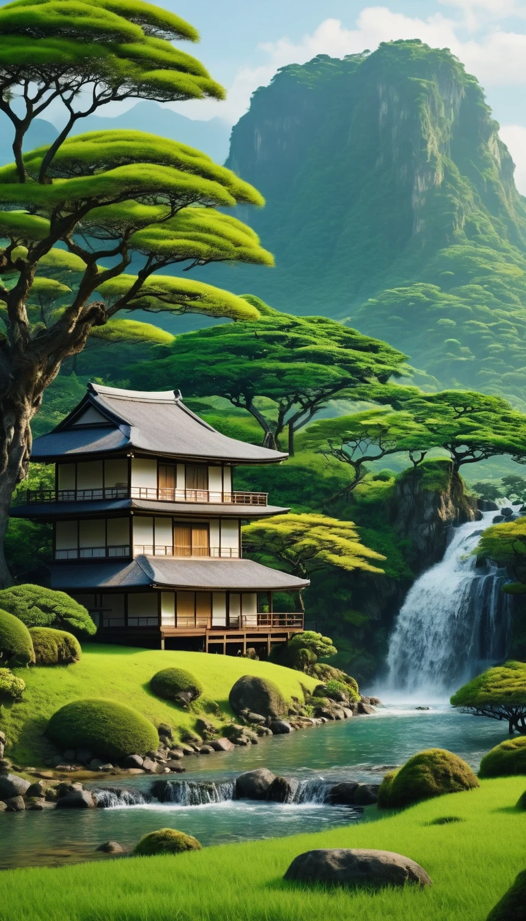 Green savana, tree in the middle, Beside the tree there is a japanese house, there are mountain with waterfall, warm vibes, 4K