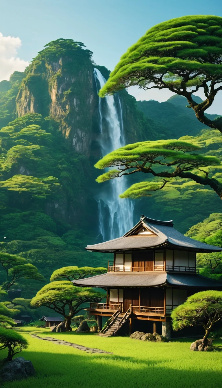 Green savana, tree in the middle, Beside the tree there is a japanese house, there are mountain with waterfall, warm vibes, 4K
