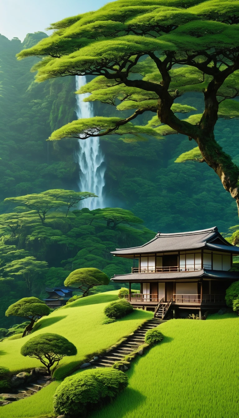Green savana, tree in the middle, Beside the tree there is a japanese house, there are mountain with waterfall, warm vibes, 4K