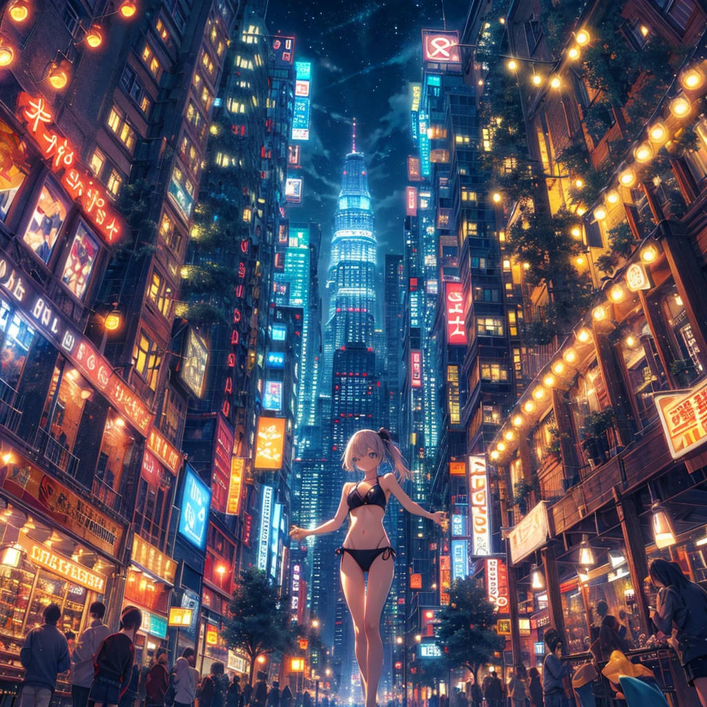 Girl in little swimwear walking towards the dark city, anime style landscape, decaying city, poor lighting, girl walking in the city, starry sky