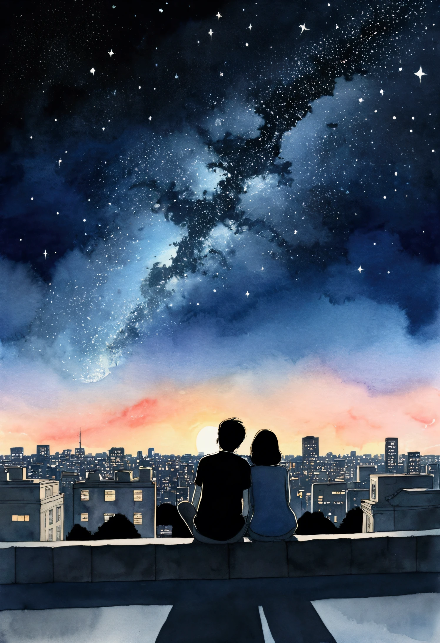 From the roof of the building、Two people sitting on asphalt staring at stars in city sky,Nestle、 Couple, Looking to the stars, night, night - hour, Simple illustration, night間, Line art, Gaze at the stars, night time, together, Hand-drawn, Illustration, Calm feeling, night, Under the stars, Are you having fun, Starred、Angle from a distance、Watercolor、