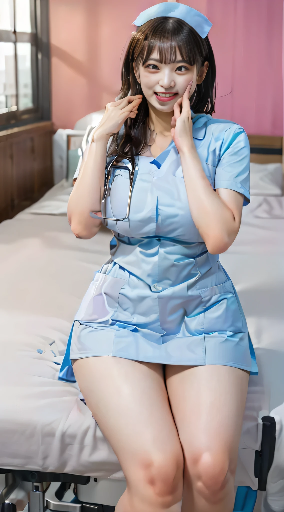 (hospital:1.5)、((Extremely obscene female nurse sitting on the bed))、Modern Hairstyles、smile、((Big bigger than her face:1.99))Women、(Age 27)、((Super tight uniform))、Trendy pastel color uniforms、(White Stockings)、Nurse shoes、Name tag on chest、Stethoscope from the neck、(Black Hair)、Highest quality、Ultra-high resolution、(Realistic:1.85)、Beautiful Japanese Eyes、Super Beauty、Perfect Style、Perfect balance、Detailed skin、((Delicate photo)),(Detailed RAW photos of girls), (Tabletop:1.25), (Highest quality:1.6), (Ultra-high resolution:1.5), (Realisticです:1.75), 8k resolution, Canon EOS R5, 50mm, Absurd, Very detailed,Cinema Lighting, ((A seductive female nurse seduces a patient in an obscene manner))