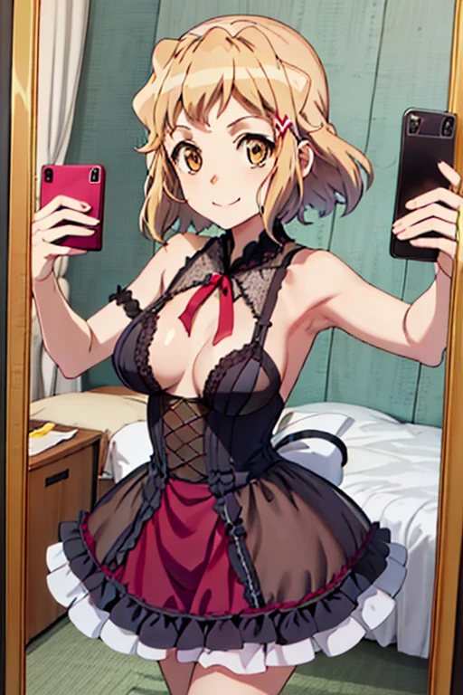 masterpiece, Highest quality, look up, Looking at the audience, smile, short hair, blonde, Red ribbon in hair, (Frill dress:1.2), Hotel, Bare Chest, Wearing virgin-killing clothes,Extreme close up, Highest quality, 1 Beautiful Japan Woman, Standing in front of a full-length mirror (Selfie:1.5), Lift one leg、生意気なsmileで遊び心のあるポーズをとる, ヨーロッパの高級Hotelで,Very elaborate fingers, Very thin needles
