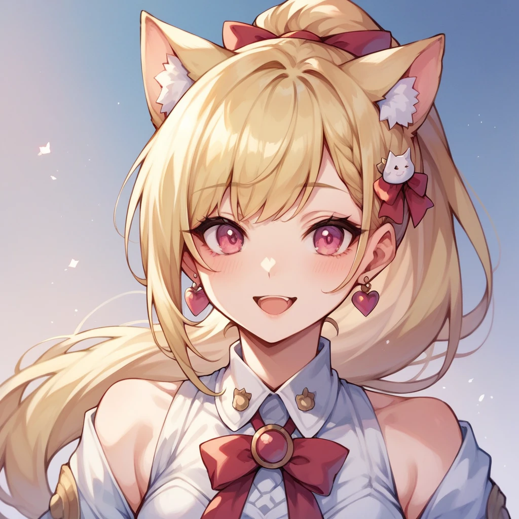 adult woman, bold, thick outlines, comic character, Long Hair, Bangs, pink eyes, Blonde Hair, Hair Ornament, ribbons, Earrings, cat ears, cute, innocent, pink and white outfit, Open Mouth, smile, Ponytail,