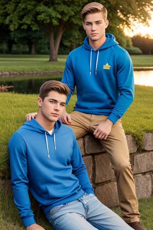 Two men, photo realistic. A -yeld, hsome, lean man with short-cut, blond hair and blue eyes, wearing a brown sweatshirt, and khaki pants, sitting in the lap of a 17-year-o, home, letic, Caucasian man with short, shaved brown hair, and blue eyes, wearing a blue and yellow jersey, and jeans, kissing, groping each other, laying on a grassy field, by a pond in a large city park, at night. Masculine, erotic, sexy, romantic, love, huge bulge.