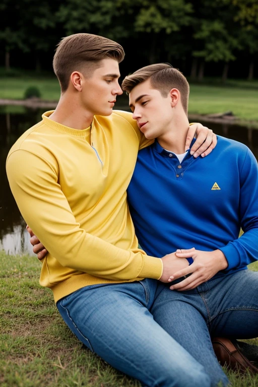 Two men, photo realistic. A 16-year-old, handsome, lean man with short-cut, blond hair and blue eyes, wearing a brown sweatshirt, and khaki pants, sitting in the lap of a 17-year-old, handsome, athletic, Caucasian man with short, shaved brown hair, and blue eyes, wearing a blue and yellow jersey, and jeans, kissing, groping each other, laying on a grassy field, by a pond in a large city park, at night. Masculine, erotic, sexy, romantic, love, huge bulge.