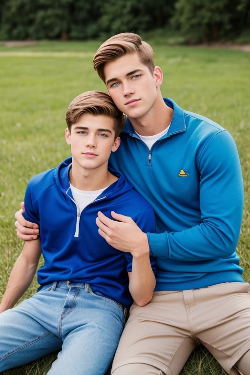 Two men, photo realistic.  A 16-year-old, handsome, lean man with short-cut, blond hair and blue eyes, wearing a brown sweatshirt, and khaki pants, sitting in the lap of a 17-year-old, handsome, athletic, Caucasian man with short, shaved brown hair, and blue eyes, wearing a blue and yellow jersey, and jeans, kissing, groping each other, laying on a grassy field, by a pond in a large city park, at night.  Masculine, erotic, sexy, romantic, love, huge bulge.