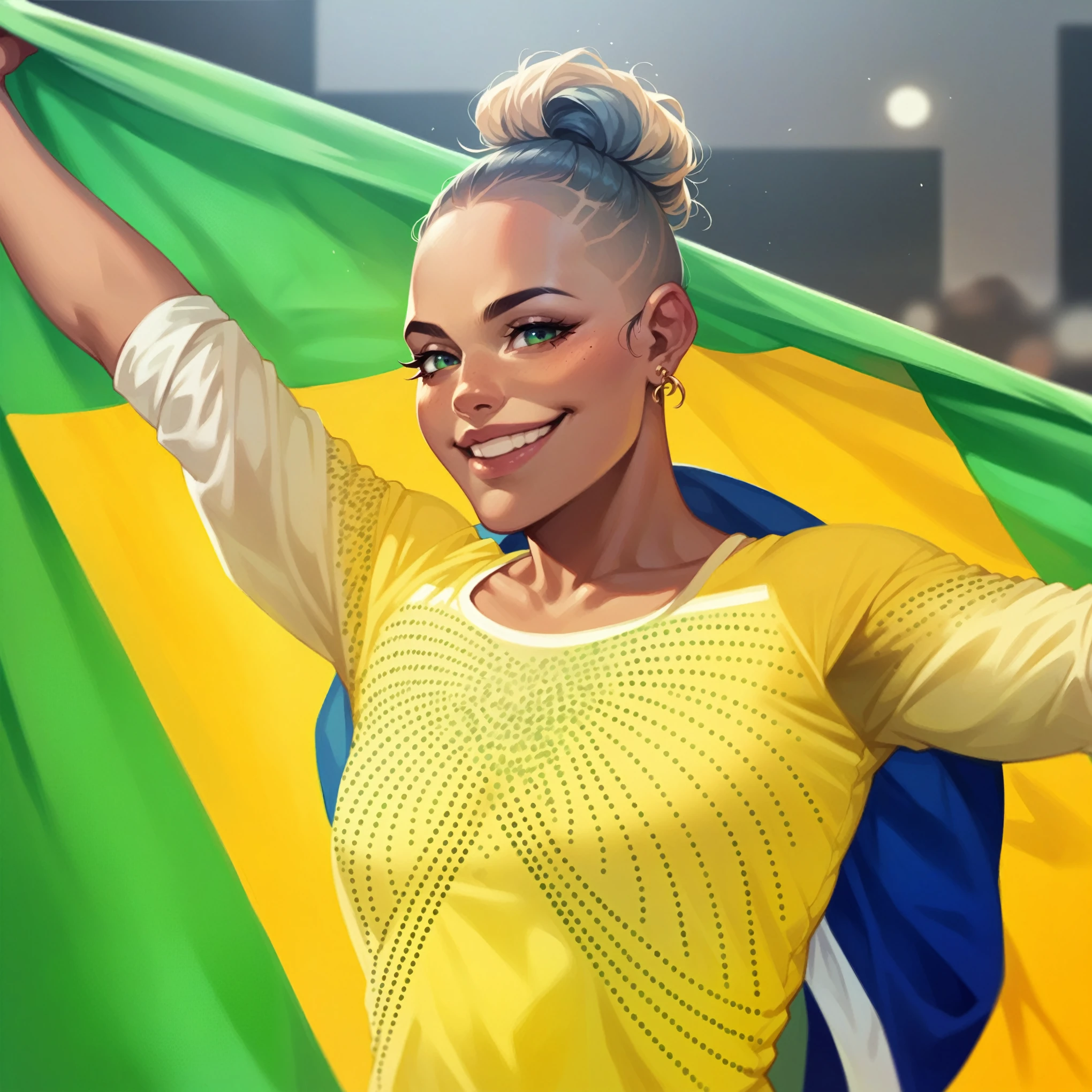 a beautiful black woman smiling holds the flag of Brazil 