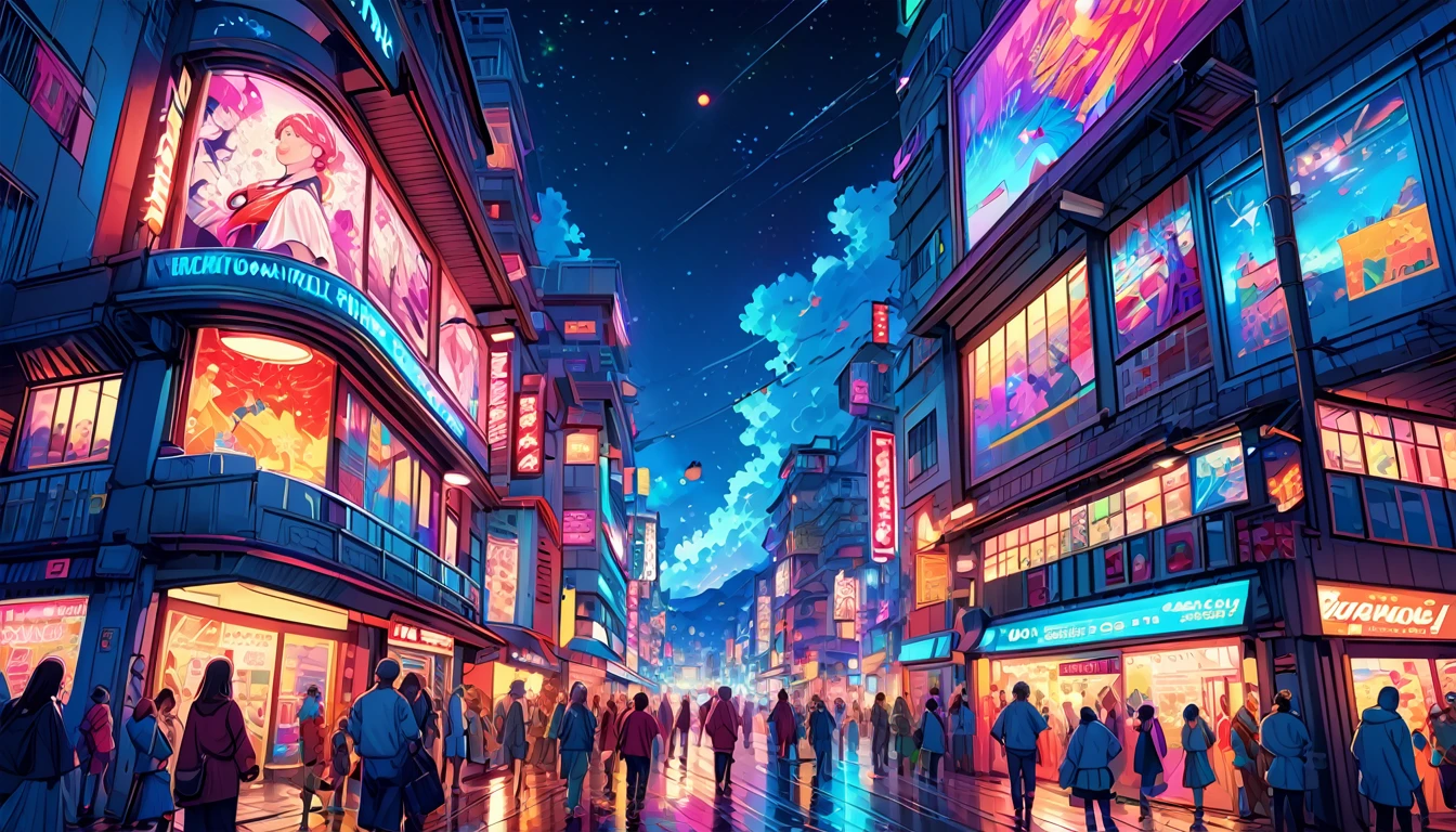 (Highest quality,Very detailed,Realistic:1.37),humor,Comic book style,Bold,Vibrant colors, Close to cool colors,Desaturate,Beautiful night view, Saturday's Lover,A girl and a boy, Fun couple, Laughter, floating love, City lights, ((intersection:2.2))((High rise residential buildings dark city silhouette background:2.0)) ((Accurate Perspective:2.5))
