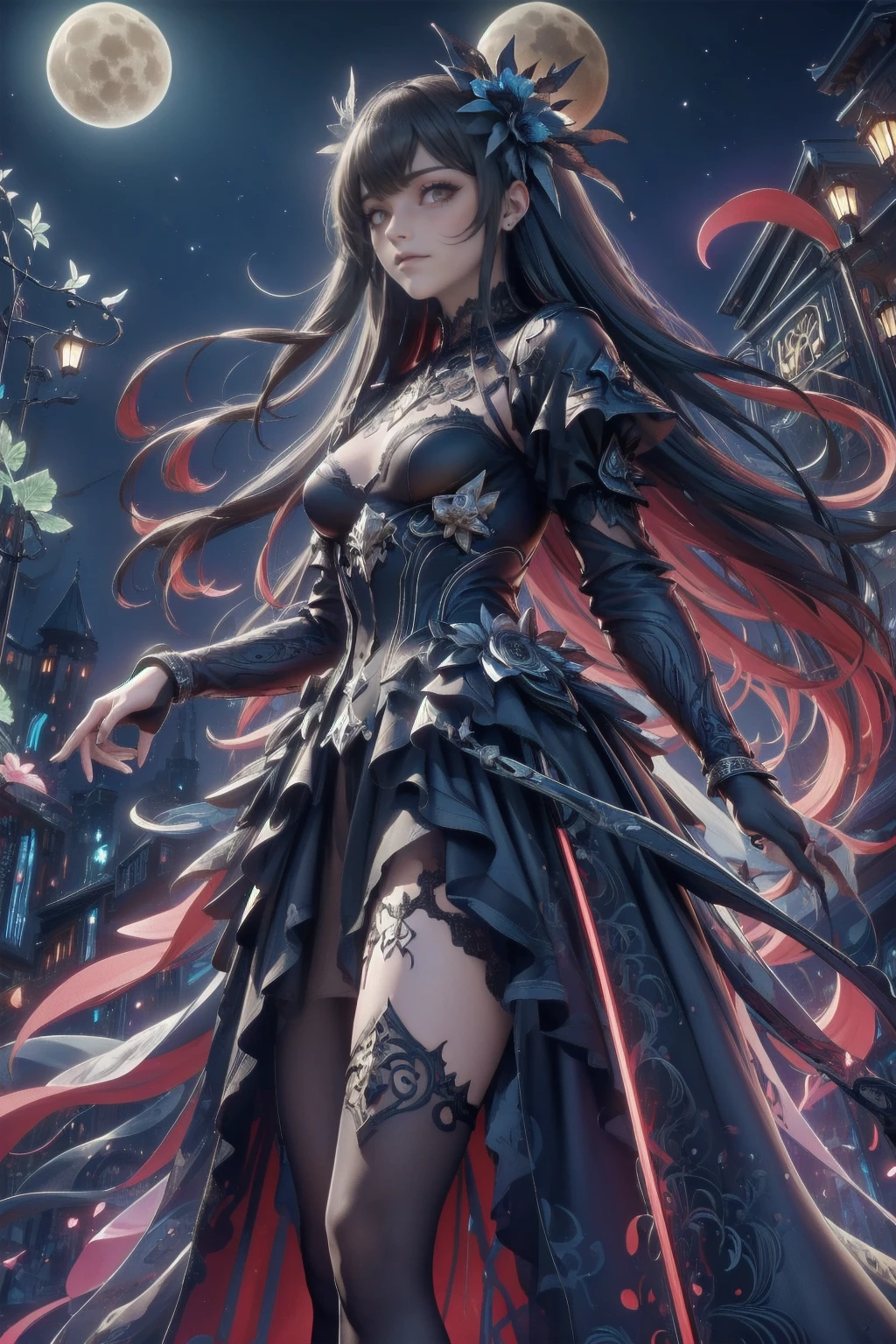 Attention to detail, Highest quality, 8k, [Super detailed], masterpiece, Highest quality, (Very detailed), Dynamic Angle, Ultra Wide Shot, Realistic, Dark Fantasy Art, Gothic art, Dark RPG Art, Realistic芸術, 女性の人間の聖職者のUltra Wide Angle写真, Grab the spear, Wearing a black cloak, Black leather suit, With star seal (intense details, masterpiece, Best details: 1.5), High heel boots, sacred symbols for casting spells, white magic seal (intense details, masterpiece, Best details: 1.5), Symbols of the stars and the moon, Blue light from the symbol, Blonde (intense details, masterpiece, Best details: 1.5), Long Hair, Braided hair, small, Strong Eyes, Green Eyes, Moon and stars background, (( Goth worship atmosphere)), moon light Attention to detail, Highest quality, High resolution, Ultra Wide Angle
