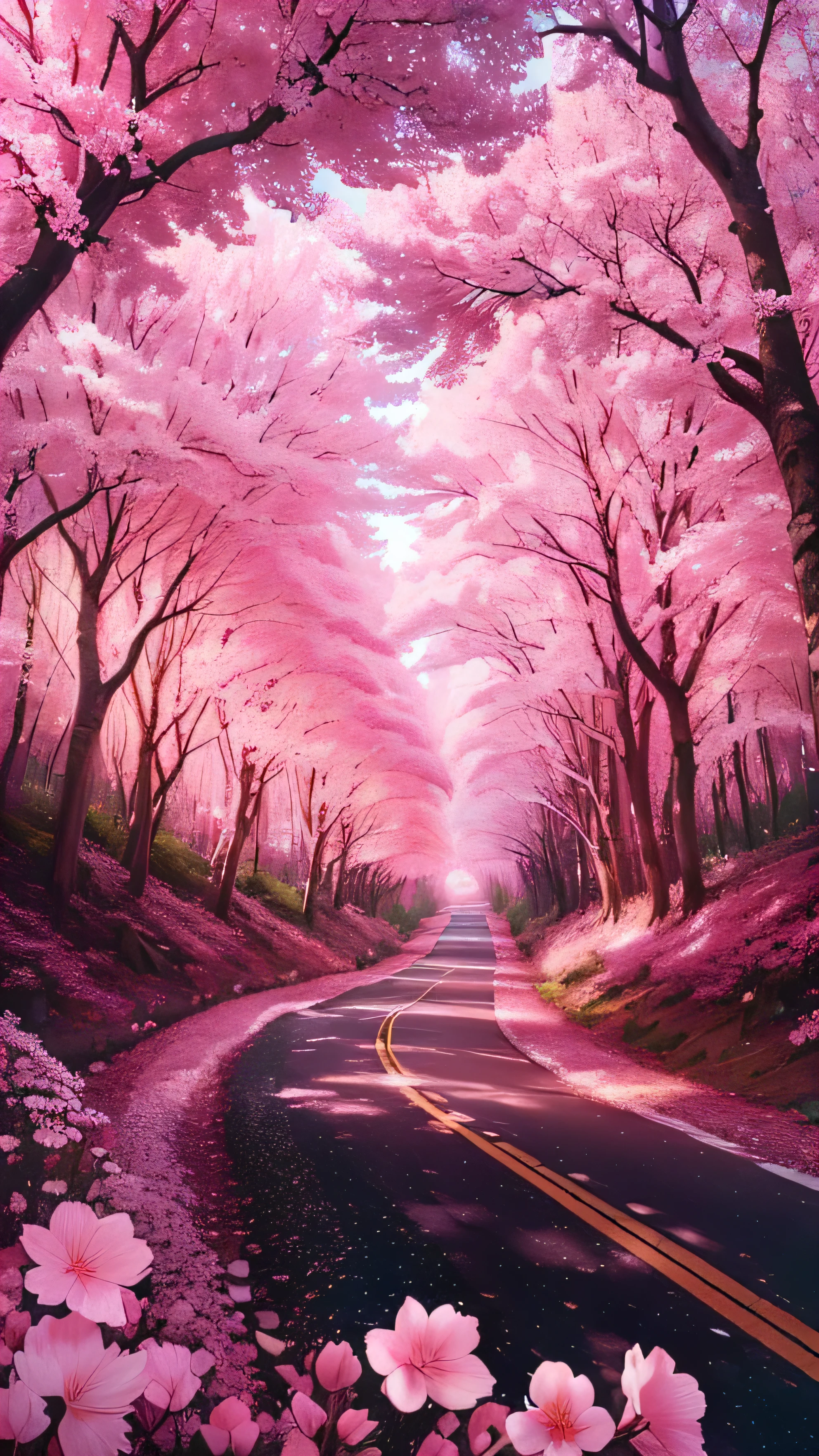 there is a road that has a lot of pink flowers on it, in pink forest, pink forest, cherry blossom forest, dreamy colors, pink landscape, magical colors and atmosphere, pink trees, cotton candy trees, dreamy landscape, lost in a dreamy fairy landscape, beautiful digital painting, breath-taking beautiful trees, breath - taking beautiful trees, surreal colors