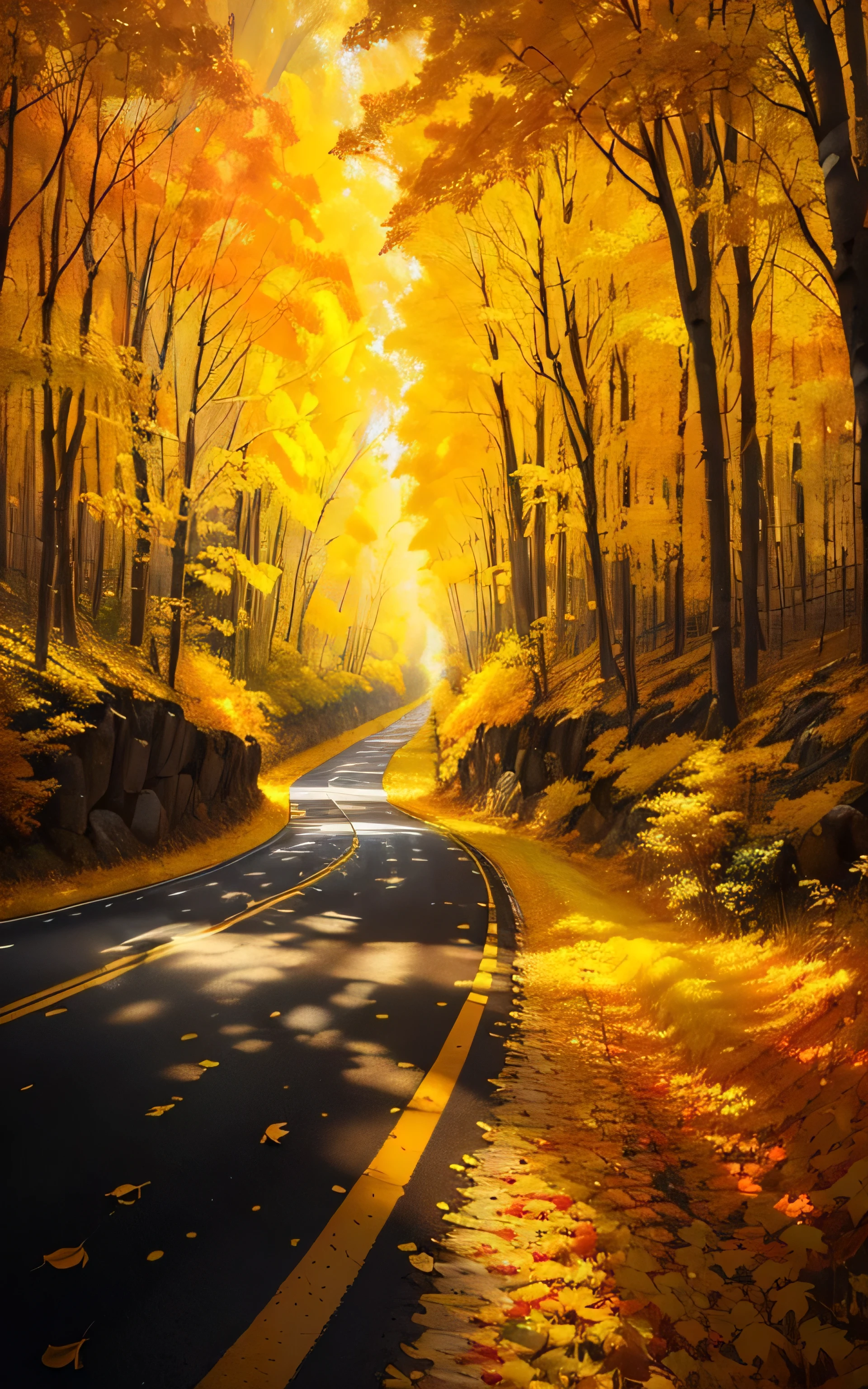painting of a road in the middle of a forest with yellow leaves, road in a forest road, beautiful digital painting, stunning digital painting, gorgeous digital painting, glossy digital painting, hdr digital painting, in style of digital painting, in stunning digital paint, # 1 digital painting of all time, #1 digital painting of all time, glowing forest, high quality digital painting