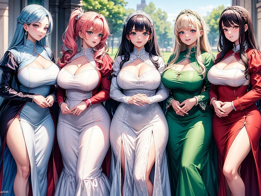 High detailed, 4 girls, different colored hairs, different hairstyles, busty, firm plump body, matching uniforms, matching physique, long dress, Juliet sleeves, posing together, group of 4 girls