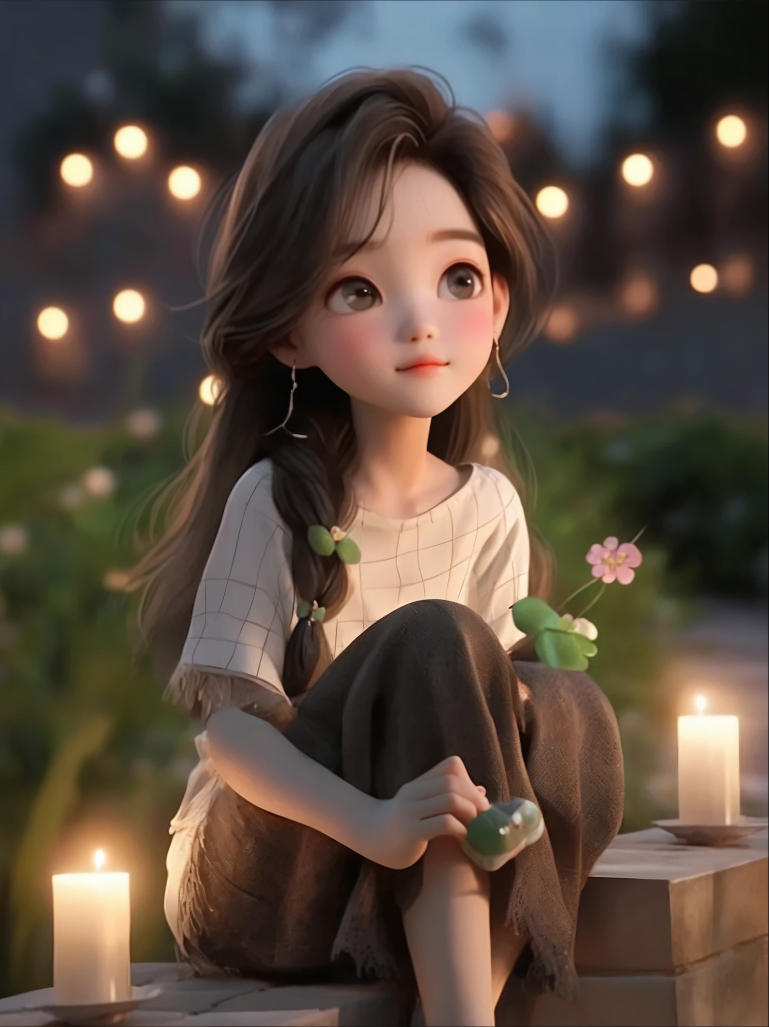 A long-haired girl sitting on a bench，Holding a cup in hand, charming细致的数字艺术, charming的数字艺术, charming卡通 character, charming的肖像, charming卡通, charming的角色, Soft portrait shots 8 k, charming的数字, charming的 3d 渲染, charming, charming的动漫女孩, charming美丽, Beautiful soft lighting, charming, charming的卡哇伊女孩