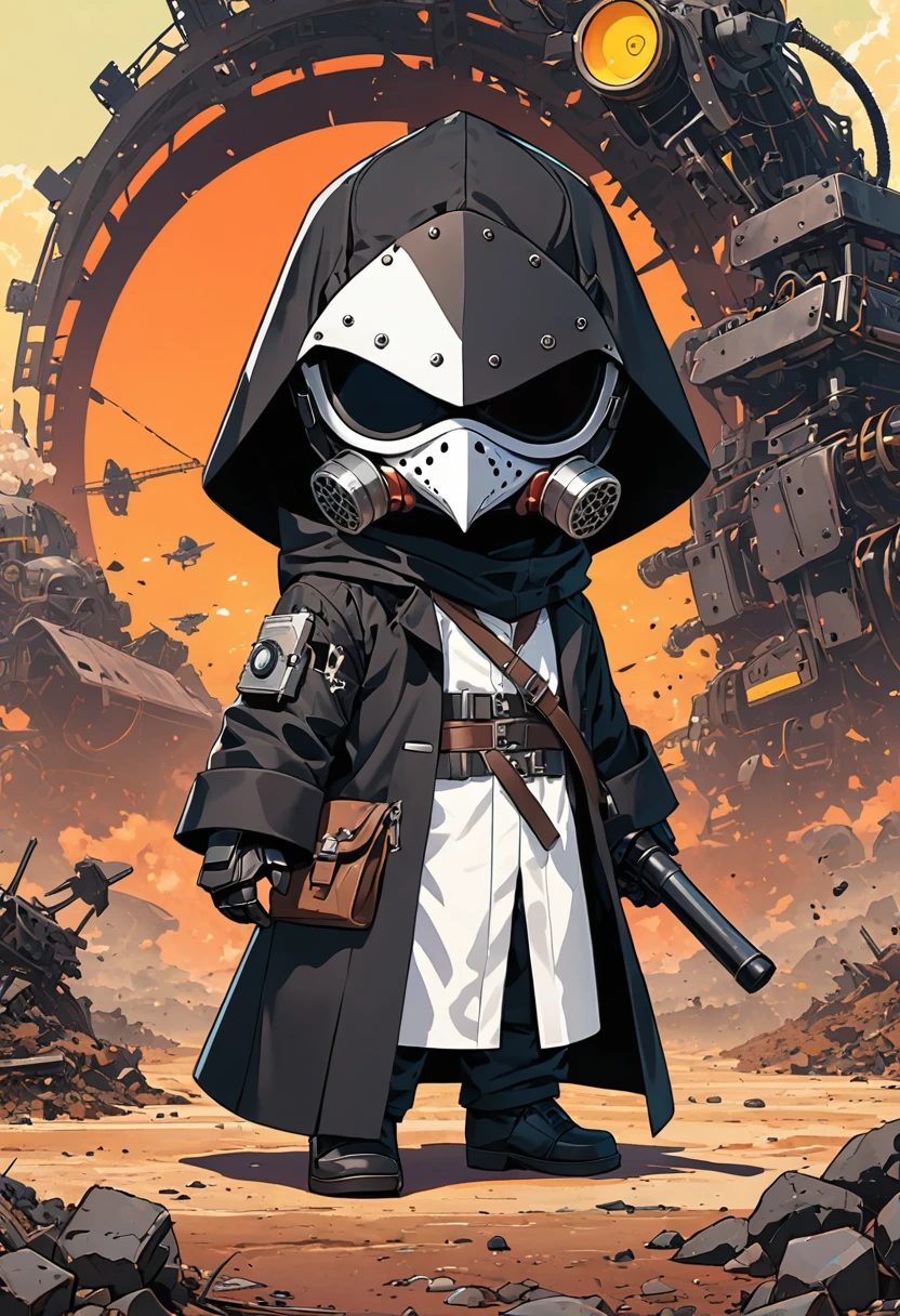 (masterpiece, best quality:1.1), (ultra highres, ultra-detailed:1.2),pop-art,flatcolor, Boy shaking hands with blonde nun,in wasteland, BREAK chibi-boy,(male Mad-scientist),(wearing plague-doctor costume,white beak-mask),black hood,black lab-coat, mecha arm,