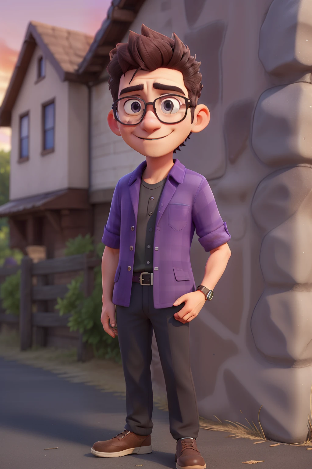 (best quality,high resolution,Extremely detailed) A 40-year-old brown-haired oriental man wearing black clothes, glasses sunglasses, . He has short hair. Against the wall.Smiling in purple shirt.Light colored blazer with blue eyes. Right hand praise. Sunset in the background.Hands in pockets on the front,Carrying a Sony single-lens camera on my chest