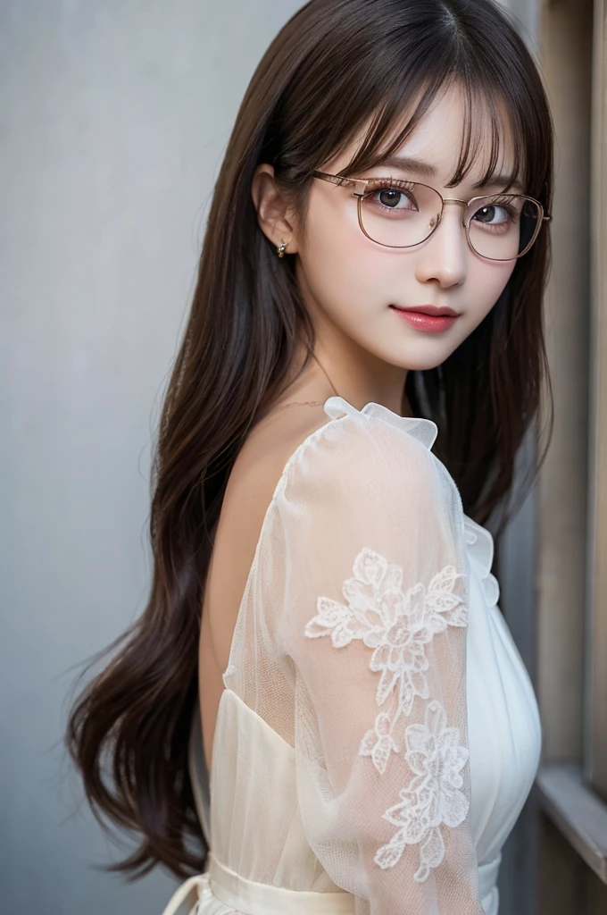 ulzzang -6500-v1.1, (Raw photo:1.2), (Photorealsitic), (See-through:1.3), (Real:1.4), １Girl in glasses、22year old、game_nffsw,  Round glasses(eye detailed), Smile of shame、(elegant long dress:1.3),  (Ultra-realistic pantyhose:1.2),  Turn around at the party venue、huge filesize, hight resolution, ighly detailed, top-quality, [​masterpiece:1.6], illustratio, ighly detailed, nffsw, finely detail, top-quality, 8k wallpaper, Cinematographic lighting, cute droopy eyes beautiful big eyes、Pieckfinger, ((masutepiece)), Best Quality, 1girl in, eye shadow, realistic skin textures、shinny skin、Exposed thighs!!! , make - up、