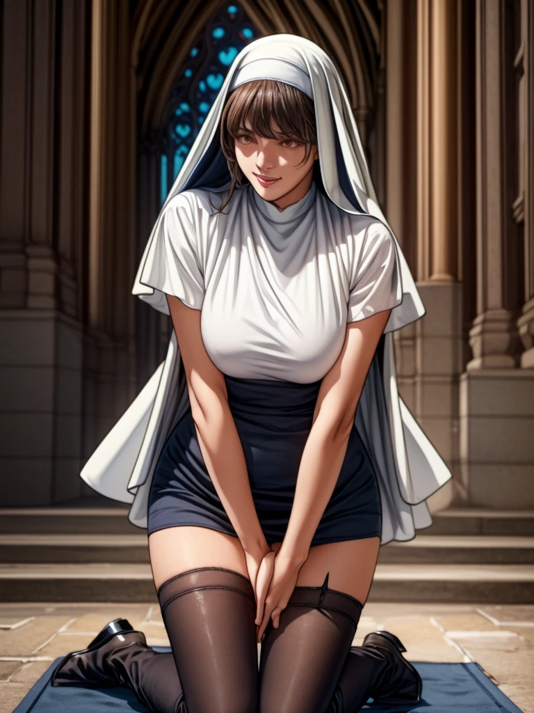 (masterpiece:1.3, Highest quality), Ultra-high resolution, Very detailed, (Realistic, photoRealistic:1.4), beautifulイラスト, Perfect lighting, colorful, Written boundary depth, View your audience, (Face Focus, Upper Body), 1 girl, Gravure Model, (Large Breasts:0.8), Captivating thighs, Skin dentition), (Medium Hair:1.2, Half Up:1.2), Light brown hair, bangs, braided bangs, Dark brown eyes, Droopy eyes, Release your lips, Glowing Skin, beautiful髪, beautiful顔, Very detailed顔, 細部へのbeautiful配慮, beautiful鎖骨, beautiful体, beautiful胸, beautiful太もも, beautiful足, beautiful指, (Professional Lighting, (((beautiful)),(((Glowing Skin))), ((Intricate details)), , (black stockings,black boots, white and dark blue bishop's costume:1.5), garnet necklace, (beautiful scenery), , ((Thighs,mini skirt,pencil skirt)),(cathedral:1.3),((smile,Open your mouth)),((Saint praying to God,In prayer)), (kneel,Prayer Pose,Prayer pose:1.1),((Dark brown eyes)), (Nun's hijab with gold accessories:1.3, Gold cross ornament), (Chest curtain:1.3, Long tight skirt with side slits), Mature saint praying at the altar of the church, Put your hands together in front of your chest, Kneel, Full Body Lesbian, Wearing religious uniform