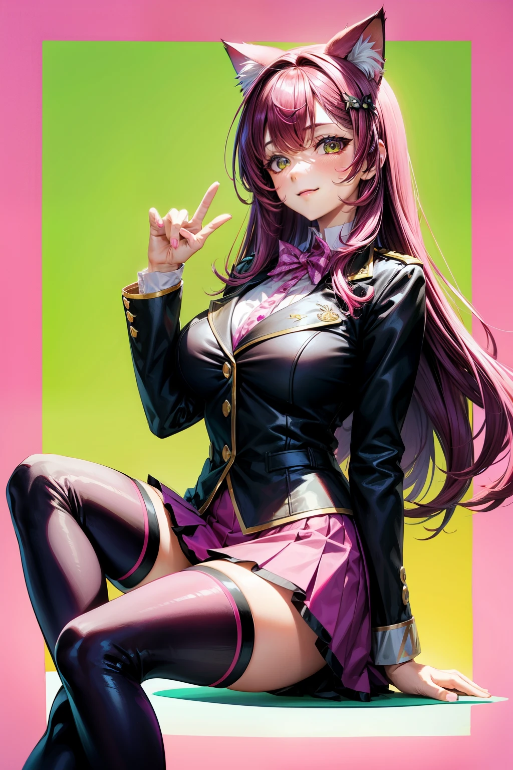 Magenta hair, brown eyes, older woman, long thick hair, pretty hair ornaments, smile face, happy, cat ears, sexy uniform outfit, butterflies, pink and green background