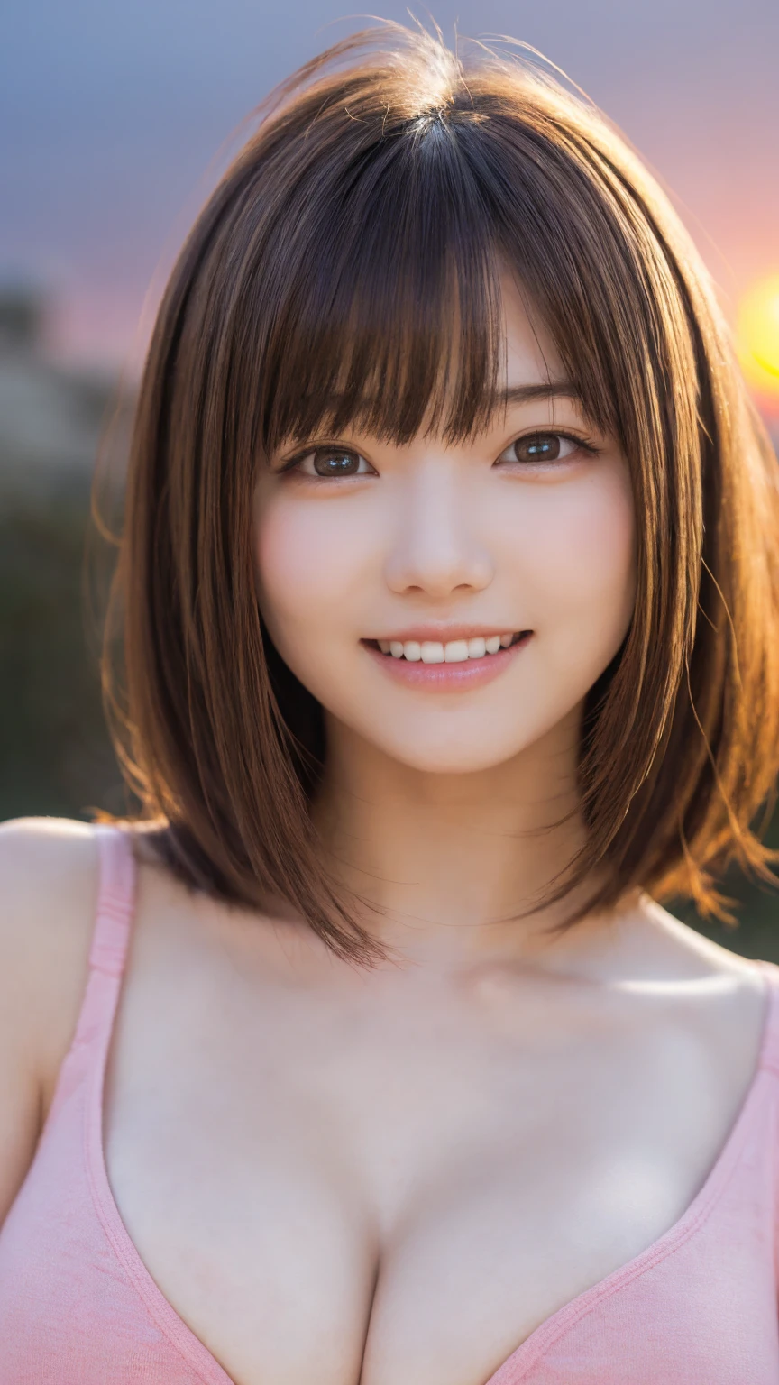 One Girl, (beautiful girl, Delicate girl:1.3), (:1.3),
break, (Sunset sky background:1.2),
break, Embarrassed laugh, Very beautiful eyes, (Symmetrical eyes:1.3),
break, (Big Breasts:1.3), Pink T-shirt, Brown eyes, Parted bangs, Brown bob cut hair, Round face, cute,
break, (Eye and facial details:1.0),
break, (masterpiece, Highest quality, Very detailed, Detailed face, 8k)