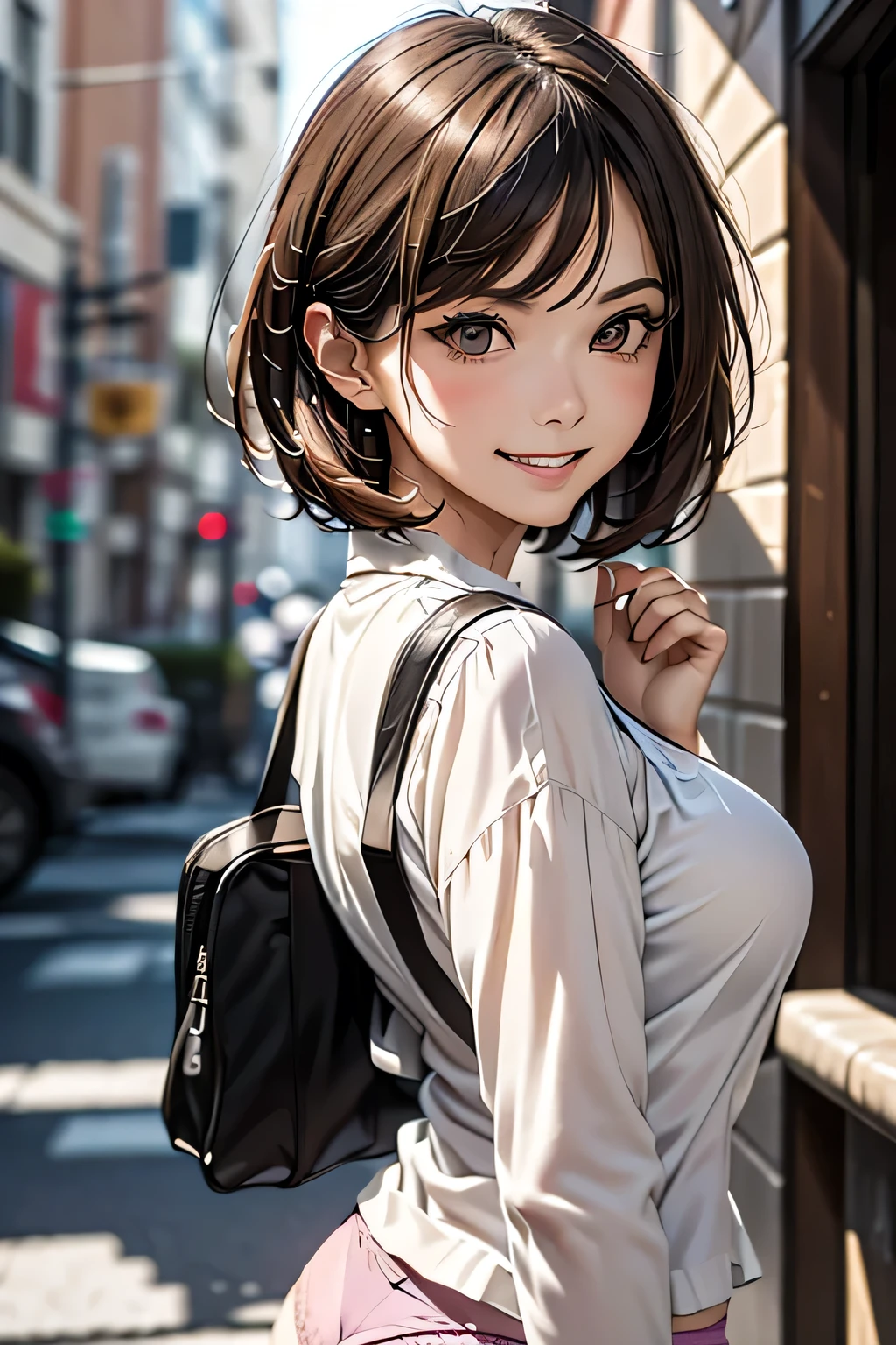 One Woman, alone, middle aged, Beautiful woman、I could see the whole body、 ((short hair)), ((Brown eyes, Beautiful eyelashes, Realistic eyes)), ((Detailed face, blush:1.2)), ((Smooth texture:0.75, Realistic texture:0.65, Realistic:1.1, Anime CG style)), Glamorous Body, Big Breasts, Dynamic Angle, Perfect body,  ((Purple transparent blouse, Red mini skirt))、(Hotel stairs)、the wind is strong、(Very embarrassing panic smile)、looked back、I can see her ass sticking out in front of me....、Angle looking up from the bottom of the stairs、 (((I can see your whole ass、Pink floral panties)))、((Tabletop, Highest quality, High resolution, Pixel Perfect,  4K,))), 