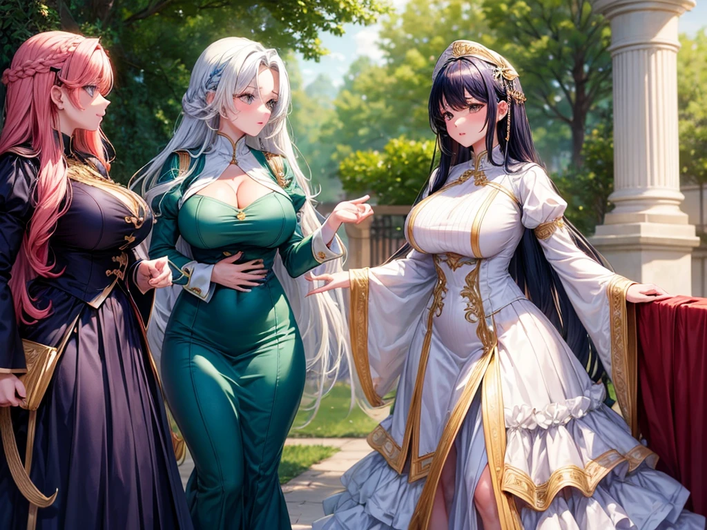 High detailed, 2 girls, different colored hairs, different hairstyles, busty, firm plump body, matching uniforms, matching physique, long dress, Juliet sleeves, posing together