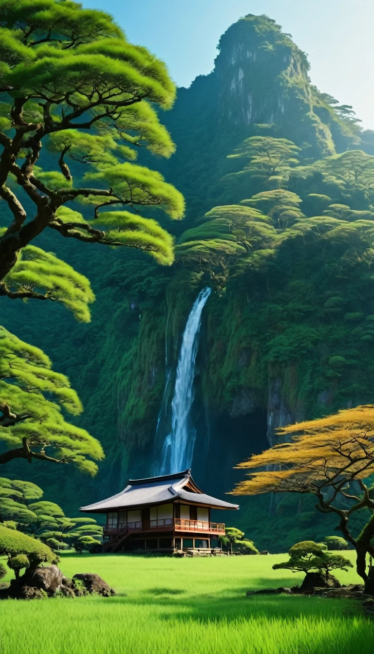 Green savana, tree in the middle, Beside the tree there is a japanese house, there are mountain with waterfall, morning vibes, low angle, 4K