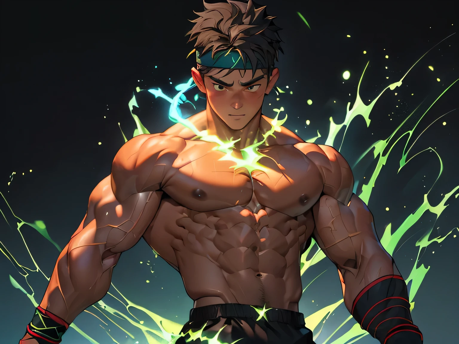 ((masterpiece, best quality)), (((((black background, deep night))))), (19 year old boy, worm eyes, Young boy, muscler, Shirtless, topless), ((((1boy, flesh, tough, reliable, developed body, blue and green aura effect, holding aura energy)))), (Dark Short straight hair, ((almost completely shaved hair)), under cut, brown eyes), (((red headband, black wristband))), Vivid colors, ((hot Abs:1.2, abs!, big abs, big breast:1.2, chest!, muscler upper arms)), muscler!, muscler body, detailed face, detailed muscle, (((rippling muscles, Flowing energy, giving off an aura of holy power, charging ,energy ball, electricity, aura)))