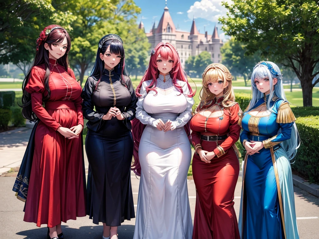 High detailed, 4 girls, different colored hairs, different hairstyles, busty, firm plump body, matching uniforms, matching physique, long dress, Juliet sleeves, posing together, group of 4 girls