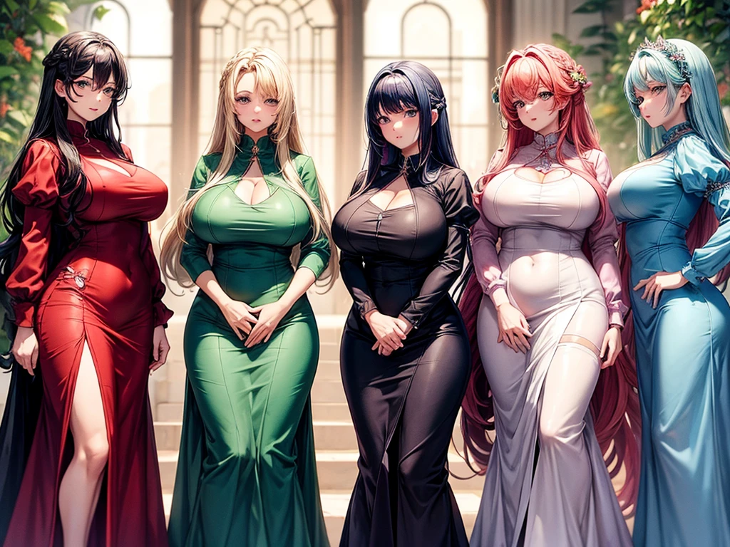 High detailed, 4 girls, different colored hairs, different hairstyles, busty, firm plump body, matching uniforms, matching physique, long dress, Juliet sleeves, posing together, group of 4 girls