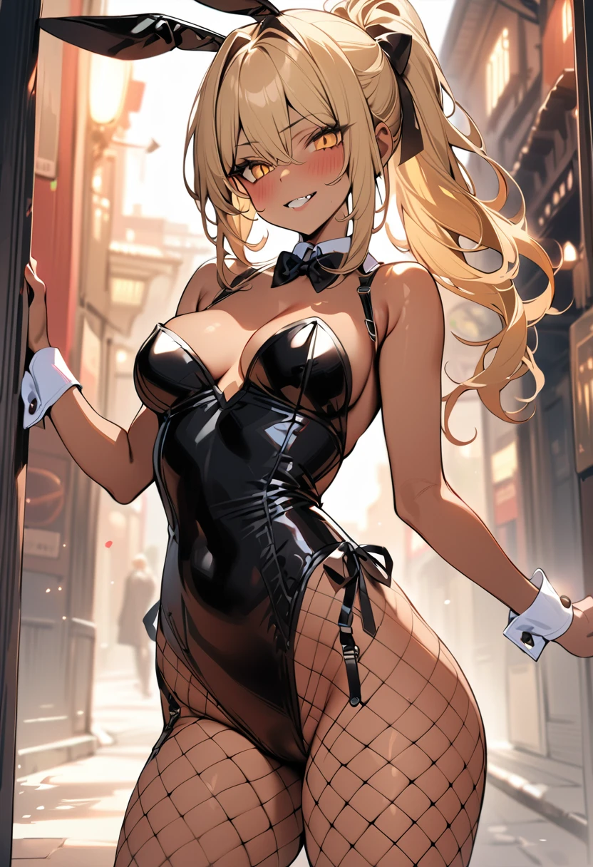 (masterpiece, best quality:1.5), (high resolution 8K), detailed eyes and face, detailed body, 
BREAK 1 girl, japanese girl, longhair, ponytail, blonde hair, blonde eyes, wave hair, (mascara:1.2), (tan skin, dark skin:1.2), double teeth, fang, (piercing:1.2), medium breasts, 
BREAK blush, seductive grin, model posing,
BREAK Bunny clothes_bluck, garter belt,Fishnet tights, Bunny suit, bustier, bow tie, high cut, wrist cuffs,
BREAK  beauty is walking in the city at night dressed as a Playboy bunny