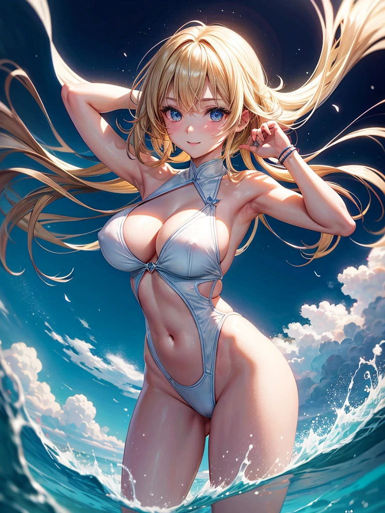 Anime style, super fine illustration, super clear illustration, highly detailed, beautiful detailed, super pale tone image, super delicate illustration, super calm & static image, sexy posing Portrait, static representation, gentle expression, 8k, angle from behind, pretty 1girl with blonde straight short hair & blue eyes & a bright smile & Big breasts & wide hips & pink nipples & soft fair skin is wearing the swimsuit on the beach of caribbean clear sea, Magic Hour, romantic stories, solo, perfect 5fingers, perfect arms, perfect legs, masterpiece, 布ははためかない, 布はいらない, 布はいらない,