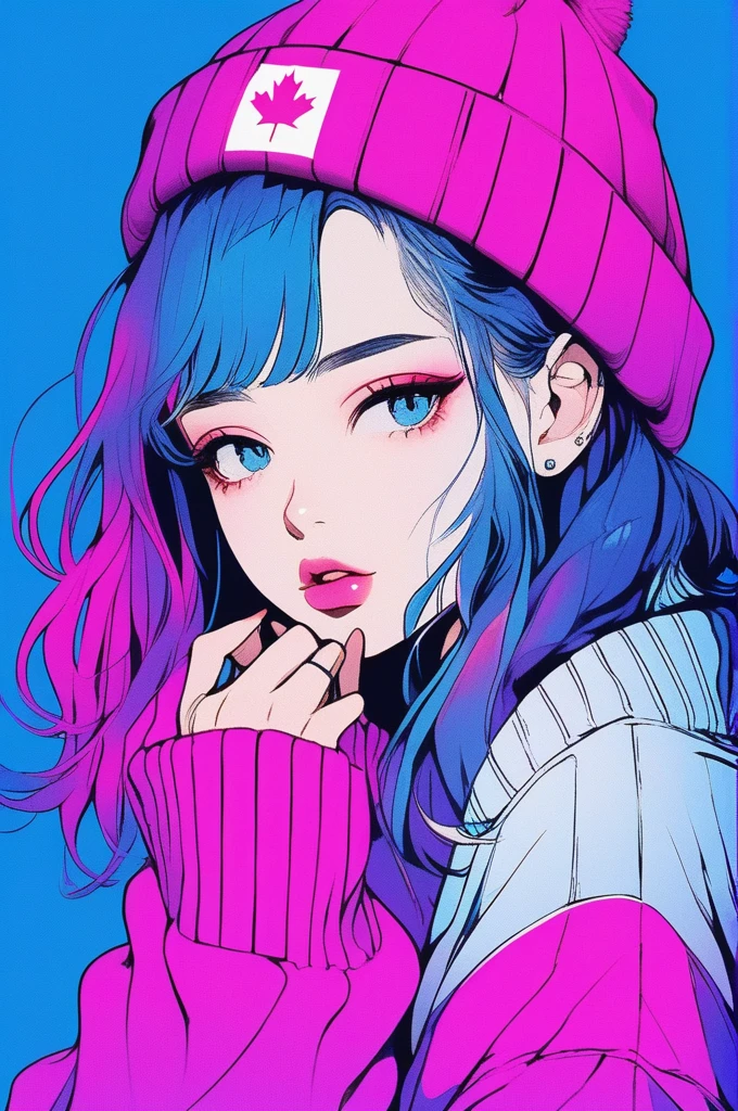 illustrator, anime , realistic ,sketch , 1 girl, ,lip, sweater,order, Blue gradient background, neon hair,Textured trim, Canadian, (masterpiece,Best quality)