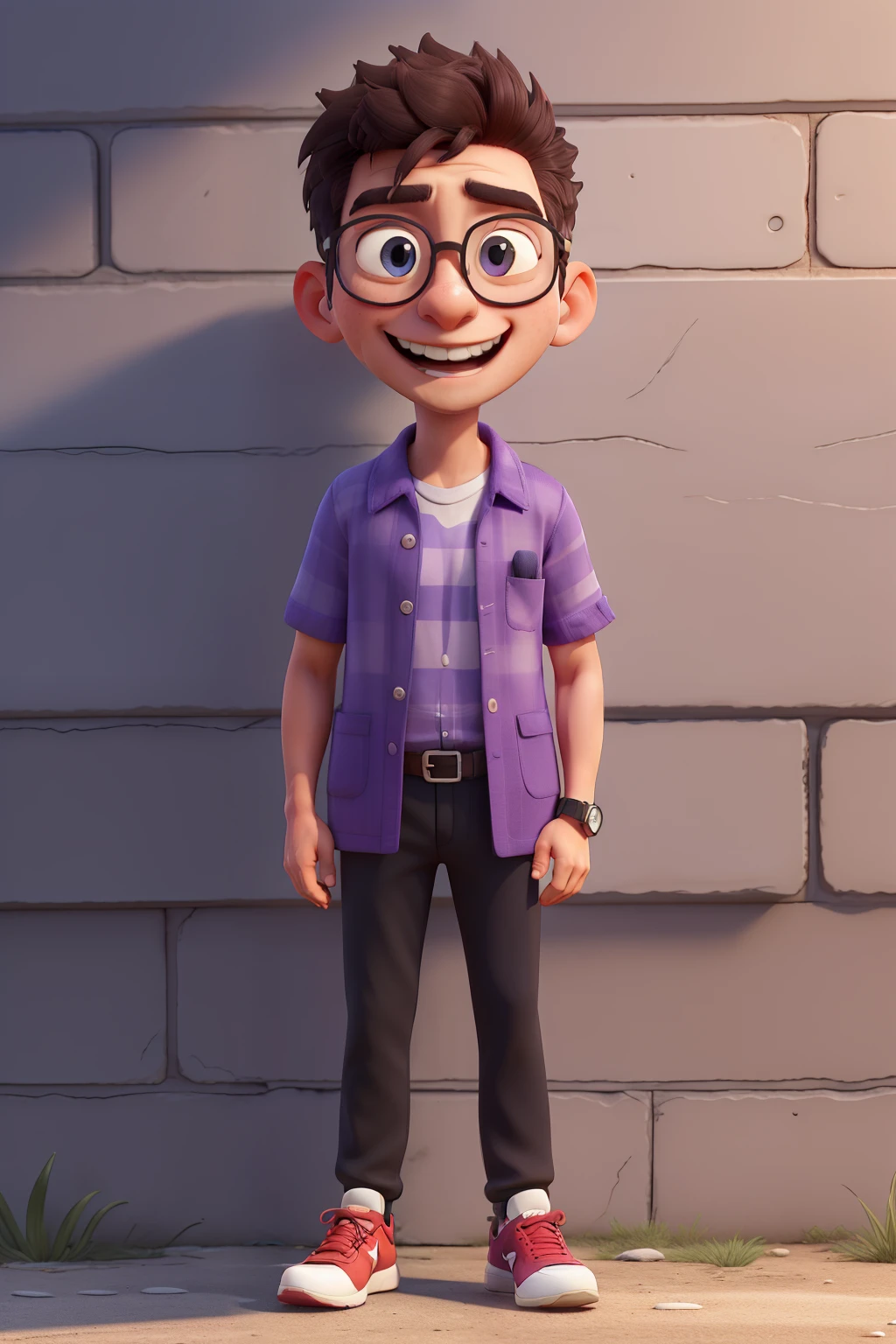 (best quality,high resolution,Extremely detailed) A 40-year-old brown-haired oriental man wearing black clothes, glasses sunglasses, . He has short hair. Against the wall.Smiling in purple shirt.Light colored blazer with blue eyes. Right hand praise. Sunset in the background.Hands in pockets on the front,Carrying a Sony single-lens camera on my chest.Wearing Nike sneakers,laughing out loud