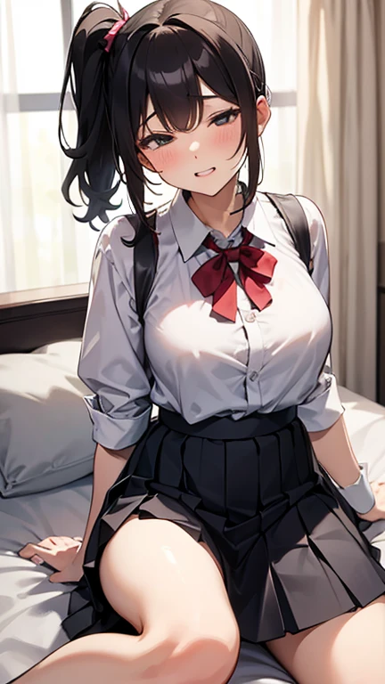 masterpiece,Highest quality,Browsing Caution,blouse, Pleated skirt,Side Ponytail,vagina,Sex,throw,At the bed,（behind）,Dressed,(Half closed eyes),housewife,Grit your teeth