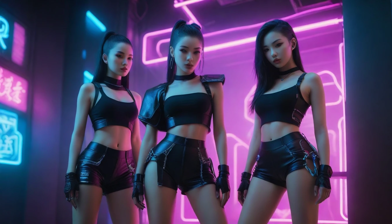 Four hot women, sexy shorts standing posesglowing with a bright cyberpunk glow. Image of a glowing girl, a crazy girl, a dreamy cyberpunk girl. in cyberpunk style Cyberpunk with neon lights Beautiful cyberpunk girl Neon lights and fantasy Neon cyberpunk style Glowing with colored lights, raver girl, cyberpunk art style. neon glow cyberpunk neon