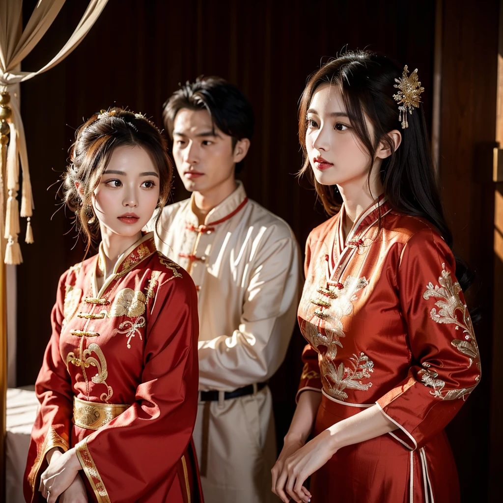 ((Highest quality)), ((masterpiece)), (detailed), (Perfect Face)、The woman is Ogiso Setsuna, with light brown, medium-long hair and is wearing a gorgeous red long-slit wedding Chinese dress with gold embroidery and trim.、The woman is having a wedding ceremony with a middle-aged Chinese man.