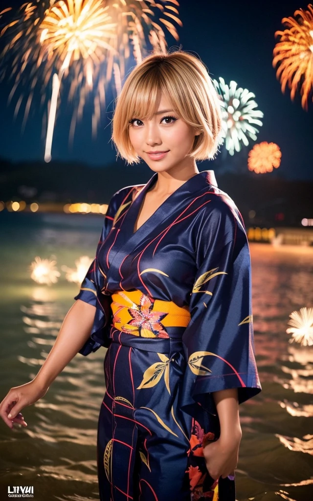 gyaru, , dark-skinned, shiny oiled skin, blond hair, short cut hair, wearing vivid yukata, spreading arm in the sea, dark-night, deep fog, orange lanthanum light, Fireworks Festival Venue, Fireworks in the background, cinematic lighting, full body shot