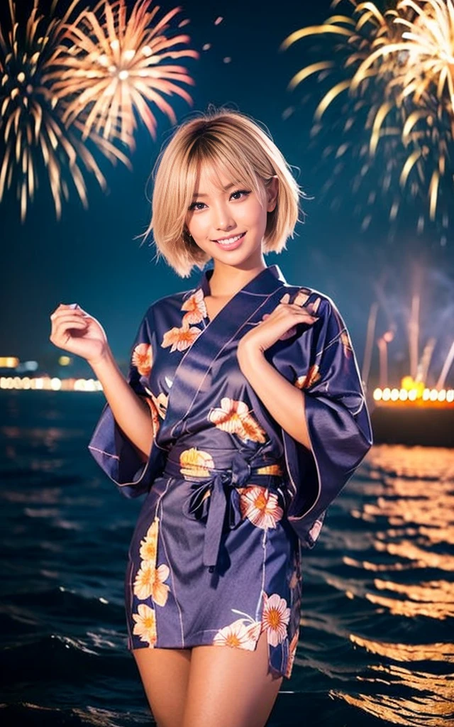 gyaru, , dark-skinned, shiny oiled skin, blond hair, short cut hair, wearing vivid yukata, spreading arm in the sea, dark-night, deep fog, orange lanthanum light, Fireworks Festival Venue, Fireworks in the background, cinematic lighting, full body shot