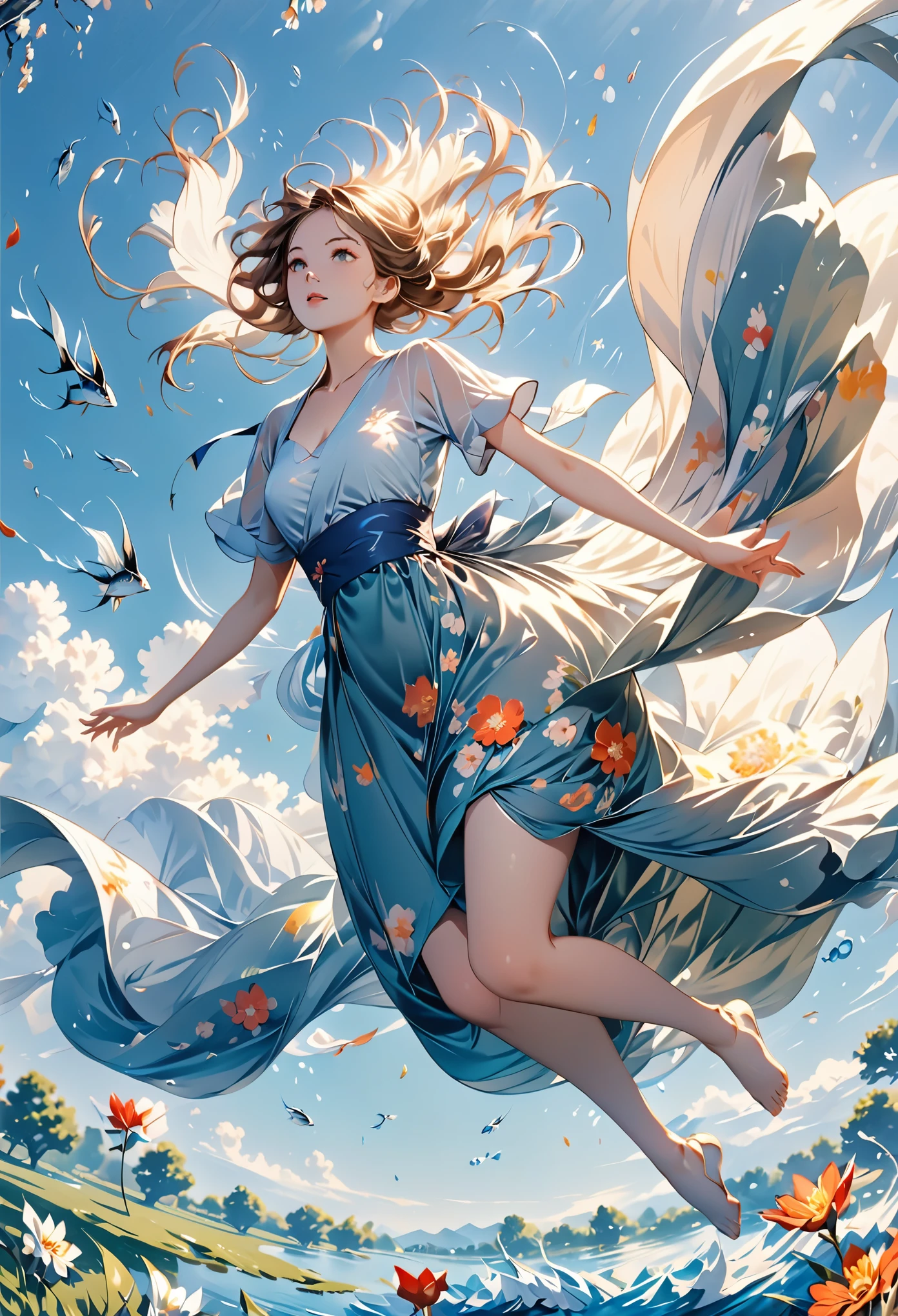 (masterpiece:1.3),(Highest quality:1.2),8k,Absurd,unity 8k wallpapper,(Very detailed:1.3),Highest Resolution,
 One girl,floating hair, floating,( floating long dress:1.3),Jumping,See through, (cloud:1.2),(flight:1.2),Hello,(wing:1.2),(flower:1.2),Grass,sunlight,  (floating cloth:1.4),water,(dynamic:1.2),splash,(splashing:1.2), (Jumping fish:1.2)