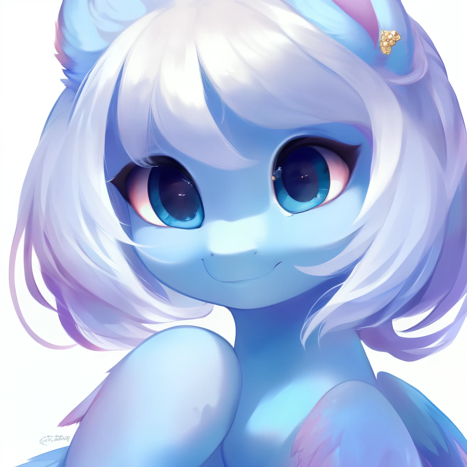 rating_safe, score_9, fluffy, feral pegasus pony, male,round cute face,Transparent blue body, White mane,Soft and delicate short hair,温柔的Blue Eyes,Blue Eyes,Smile。whole body,grace。young,Delicate。Standing picture, Ray Tracing。whole body。Standing。White background,whole body立绘。Drop ears,