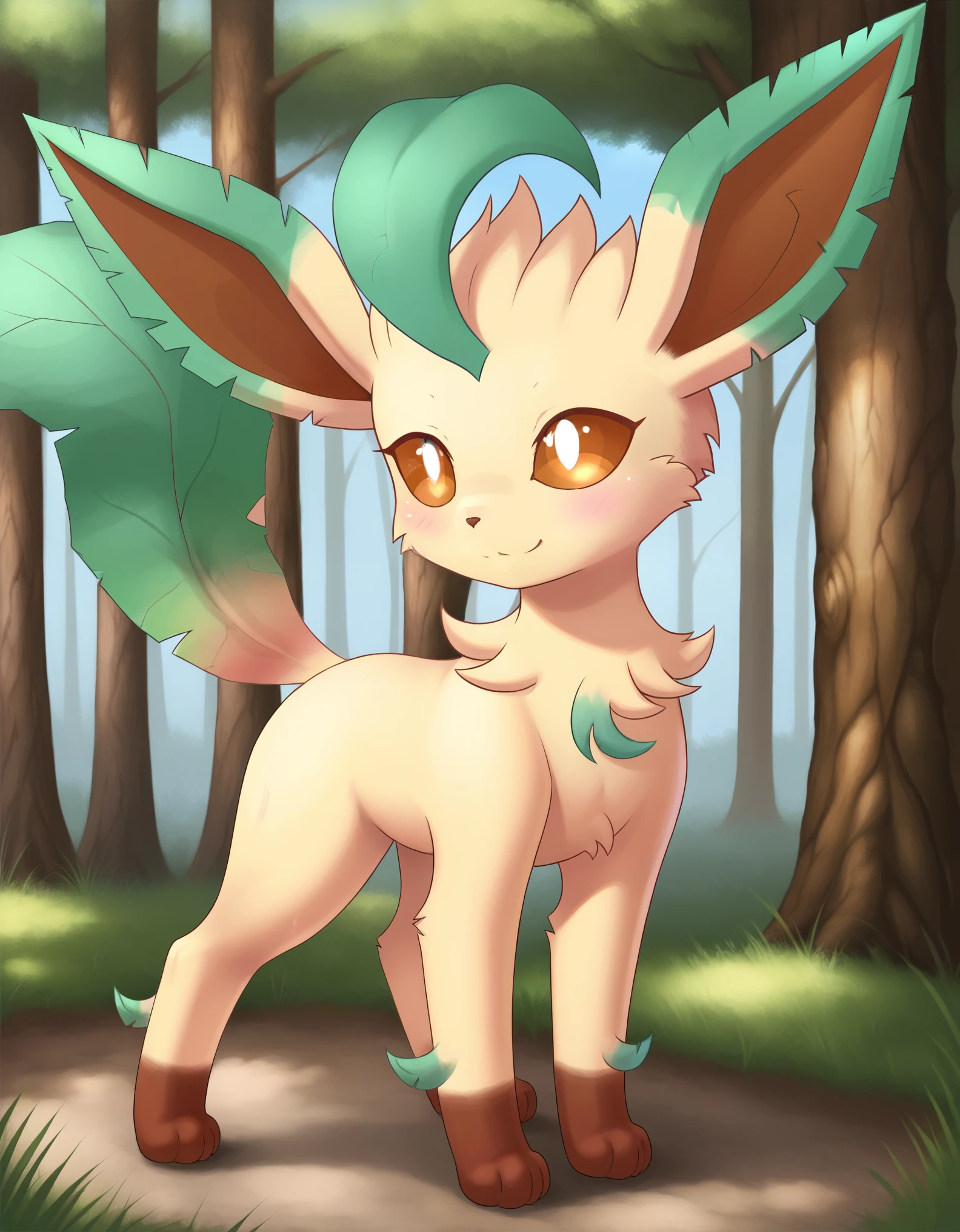 leafeon, ancesra, female, feral,  by ancesra, 1girl, solo, detailed, detailed background, forest, best quality, masterpiece, detailed eyes, detailed pupil, sfw, safe