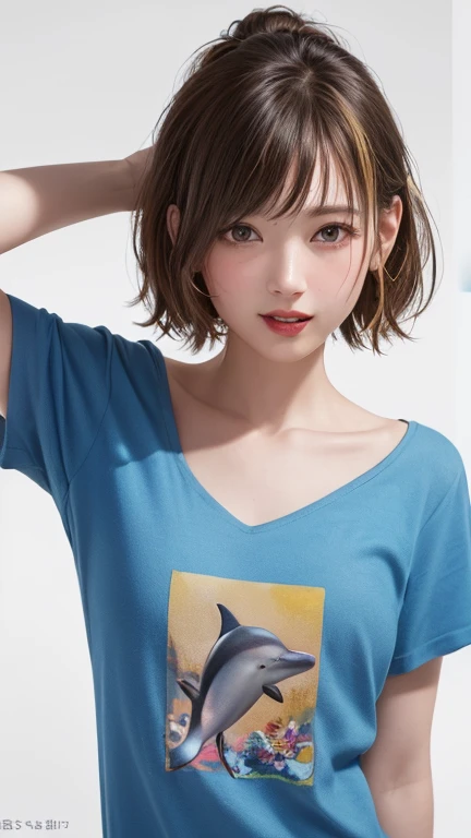(Highest quality、8k、32K、masterpiece)、(Realistic)、(Photorealistic:1.2)、(High resolution)、Very detailed、Very beautiful face and eyes、1 girl、Round and small face、Narrow waist、Delicate body、(close、Highest quality、Attention to detail、Rich skin detail)、(Highest quality、8k、Oil paints:1.2)、Very detailed、(Realistic、Realistic:1.37)、Bright colors、(((Blushing cheeks)))、(((I'm blonde)))、(((Laughter)))、(((Bust Shot)))、((short hair、ponytail))、(((Pure white wall background)))、(((She is wearing a red T-shirt)))、(((Pure white wall background)))、(((Yellow and white clothes)))、(((The shirt has a picture of a dolphin on it...)))、(((It is a short-sleeved T-shirt)))、(((大Laughterしています)))、(((Teeth are visible)))、(((I put my hands on my head)))、(((Black underwear is visible above the collarbone)))