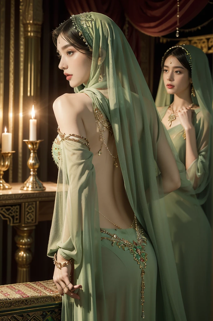 (((best quality))),(((ultra detailed))),(((masterpiece))),illustration,((1girl,Arabian dancer,solo)),(green hijab:1.3),((slim,thin)),((bare back,towering hips,butt crack)),((earrings,necklace)),((pearls,jewels,gemstones)),(night scene:1.3),(standing:1.3),(in luxurious palace:1.3),(indoor:1.3),(gorgeous embroidered green sheer abaya:1.3), intricate patterns,((Arabian theme,Middle Eastern culture)),(shoulder length straight hair:1.2),(sheer veil on face:1.3),mystery, ornate furnishings, decorations, enchantment, magic, Persian magic carpet,night sky, floating,Aladdin's lamp, flame, fulfillment of desires,candlelight,romance,One Thousand and One Nights, coherent narrative, dreamlike atmosphere, deep emotions, graceful movements, passion, face beneath the veil, beloved's dream, timeless beauty, enchantment,magical world, wondrous journey,((from back,upper body))