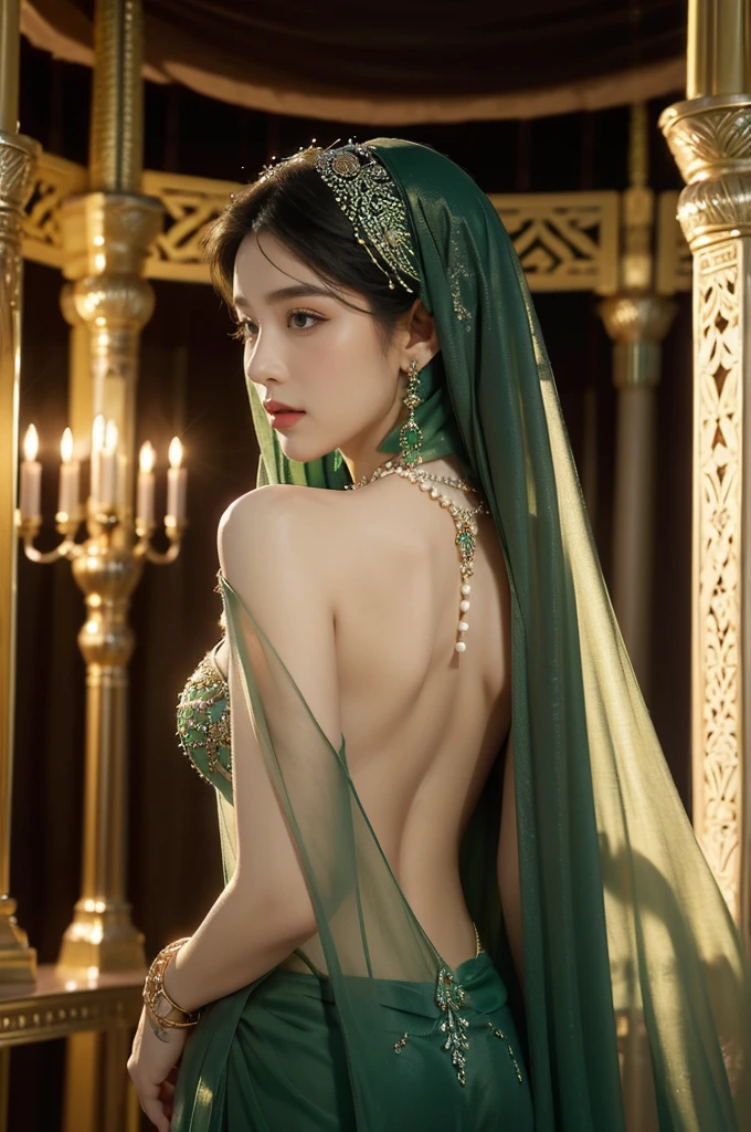 (((best quality))),(((ultra detailed))),(((masterpiece))),illustration,((1girl,Arabian dancer,solo)),(green hijab:1.3),((slim,thin)),((bare back,towering hips,butt crack)),((earrings,necklace)),((pearls,jewels,gemstones)),(night scene:1.3),(standing:1.3),(in luxurious palace:1.3),(indoor:1.3),(gorgeous embroidered green sheer abaya:1.3), intricate patterns,((Arabian theme,Middle Eastern culture)),(shoulder length straight hair:1.2),(sheer veil on face:1.3),mystery, ornate furnishings, decorations, enchantment, magic, Persian magic carpet,night sky, floating,Aladdin's lamp, flame, fulfillment of desires,candlelight,romance,One Thousand and One Nights, coherent narrative, dreamlike atmosphere, deep emotions, graceful movements, passion, face beneath the veil, beloved's dream, timeless beauty, enchantment,magical world, wondrous journey,((from back,upper body))