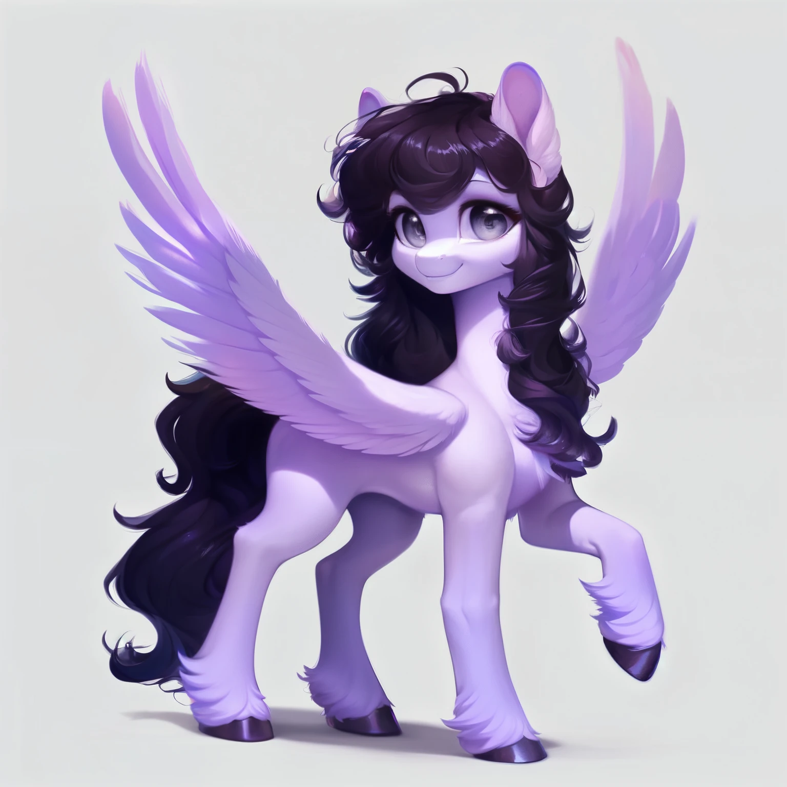 rating_safe, score_9, fluffy, feral pegasus pony, female, round cute face, Lavender purple body, black-purple mane, disheveled hair, soft and delicate long hair, clear grey eyes, grey eyes, smiling. dynamic。young and beautiful。。Standing picture, Ray Tracing。whole body。Standing。White background,Full body painting