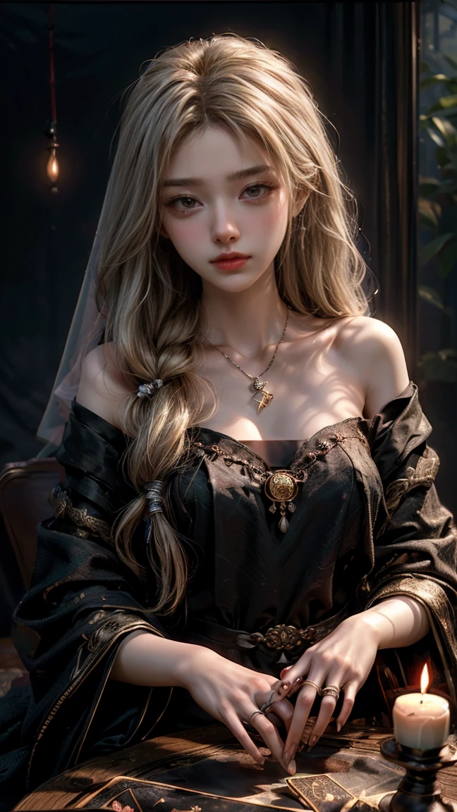 ((masterpiece, best quality, Highest image quality, high resolution, Reality, RAW photos, 8K)), Tarot, Tolkien, Middle-earth, ((Tarot摆放在桌子上:1.5)), (Fortune teller with veil covering his face:1.5), 8K, Very detailed, Surrealism, light, ring境照明, Bridget, Ace Fortune Teller, long, Messy Blonde Hair, earring, Necklace, necklace, Jewelry, ring, Dark lipstick, Dark Makeup, ring, Sit in the back! one张桌子, one! Fortune telling ball on the table, one! skull on table, Candle, 在one间黑暗的中世纪小房间里,