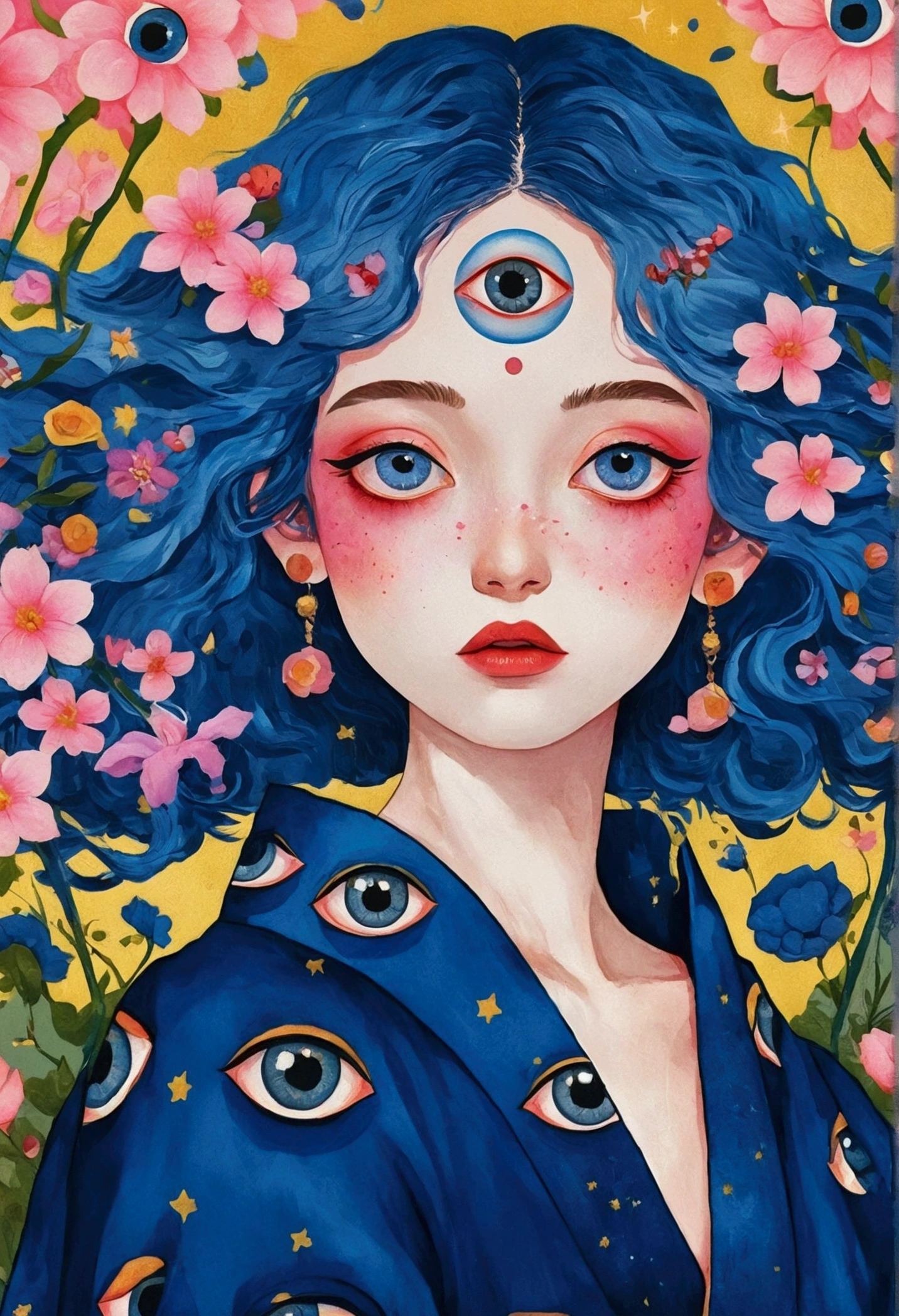 painting of a woman with blue hair and blue eyes surrounded by flowers, Pop Surrealism lowbrow art style, lowbrow Pop Surrealism, japanese Pop Surrealism, third - eye visions, starry eyes, third eye, Pop Surrealism, portrait of a mystical giant eye, psychedelic illustration, many eyes on head, mystical eyes, Pop Surrealism art style, pop - surrealism,kimono