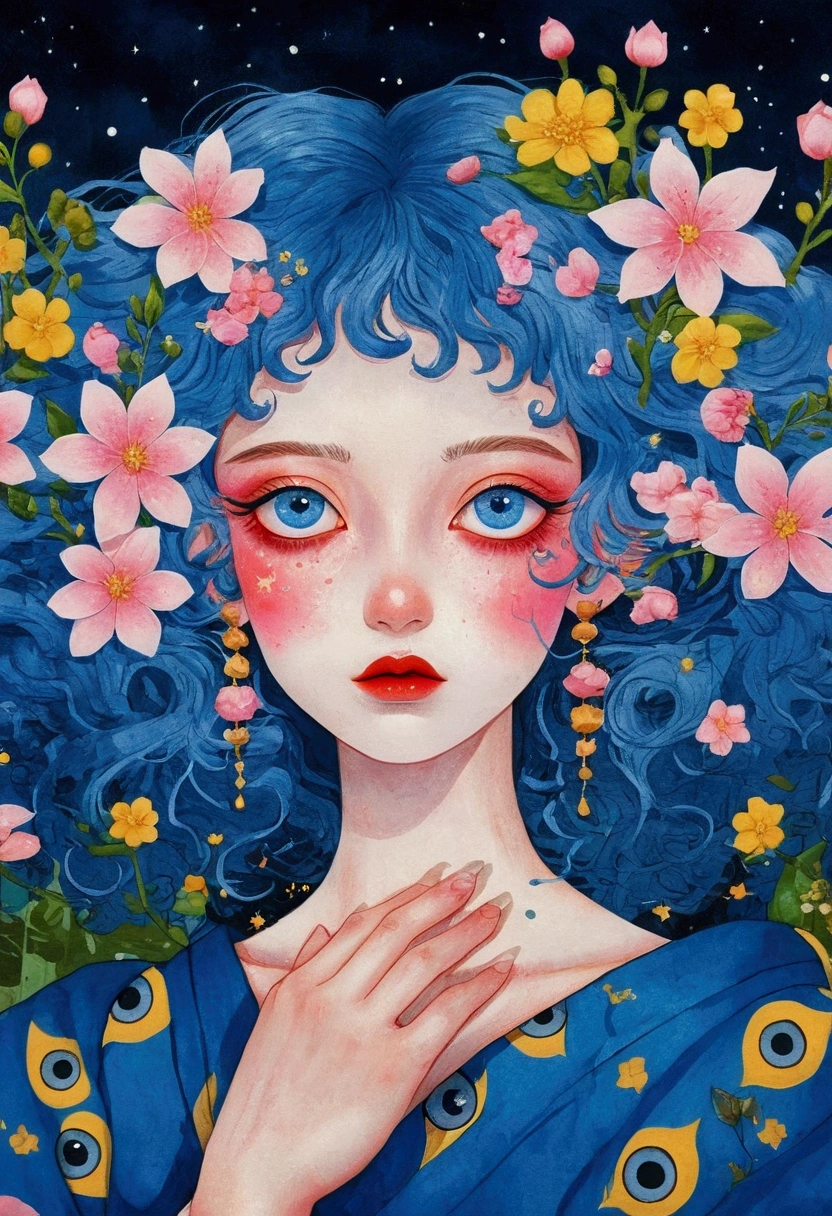 painting of a woman with blue hair and blue eyes surrounded by flowers, Pop Surrealism lowbrow art style, lowbrow Pop Surrealism, japanese Pop Surrealism, third - eye visions, starry eyes, third eye, Pop Surrealism, portrait of a mystical giant eye, psychedelic illustration, many eyes on head, mystical eyes, Pop Surrealism art style, pop - surrealism,kimono