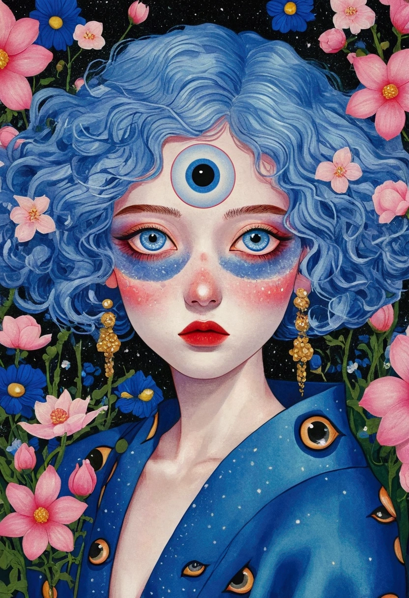 painting of a woman with blue hair and blue eyes surrounded by flowers, Pop Surrealism lowbrow art style, lowbrow Pop Surrealism, japanese Pop Surrealism, third - eye visions, starry eyes, third eye, Pop Surrealism, portrait of a mystical giant eye, psychedelic illustration, many eyes on head, mystical eyes, Pop Surrealism art style, pop - surrealism,kimono
